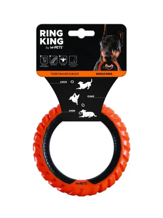 Zabawka RING KING w kolorze pomarańczowo-czarnym z opakowaniem, idealna dla psów do zabawy, chwytania i żucia.