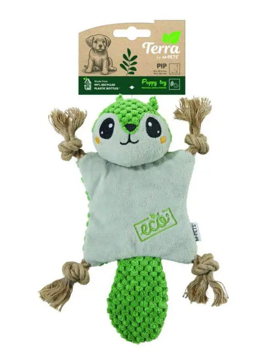 Zabawka TERRA ECO Puppy - Pip M-Pets, zielony pluszak szczeniaka z recyklingu z sznurkowymi łapkami i ogonem, ekologiczny design.