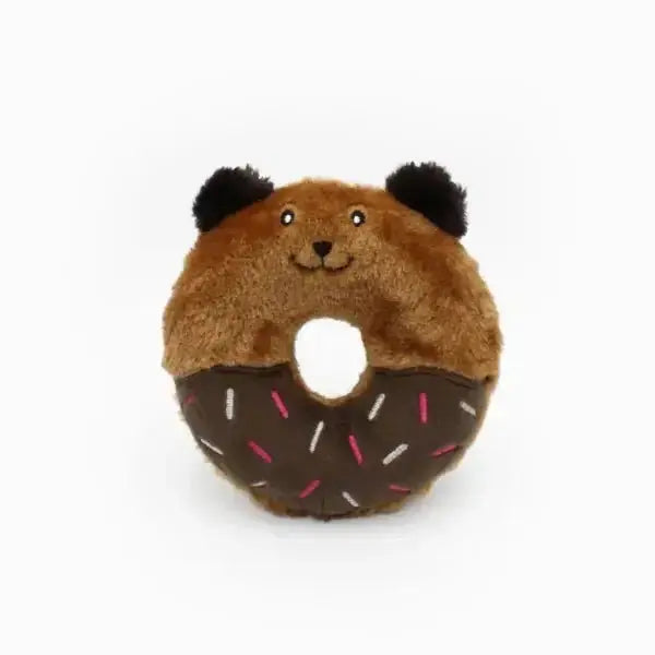 Pluszowy miś ZippyPaws Donutz w kształcie pączka z posypką, brązowy z uszami, zabawka dla psa, bezpieczna i miękka.